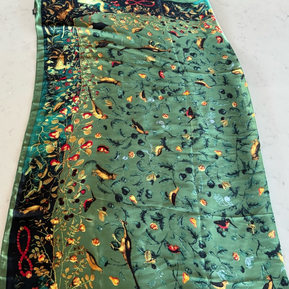 Silk-Feel Green Floral & Bird Print Scarf